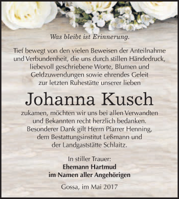 Traueranzeige von Johanna Kusch von WVG - Wochenspiegel Bitterfeld