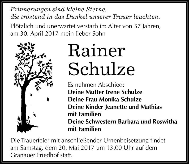  Traueranzeige für Rainer Schulze vom 06.05.2017 aus Mitteldeutsche Zeitung Halle/Saalkreis