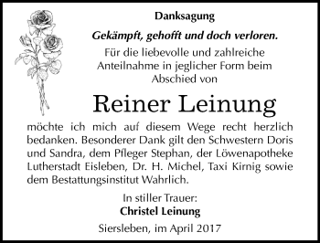 Traueranzeige von Reiner Leinung von Mitteldeutsche Zeitung Mansfelder Land
