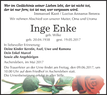 Traueranzeige von Inge Enke von Super Sonntag Aschersleben