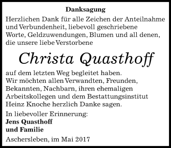 Traueranzeige von Christa Quasthoff von Mitteldeutsche Zeitung Aschersleben