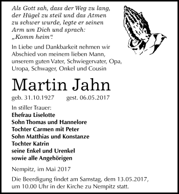 Traueranzeige von Martin Jahn von Mitteldeutsche Zeitung Merseburg/Querfurt