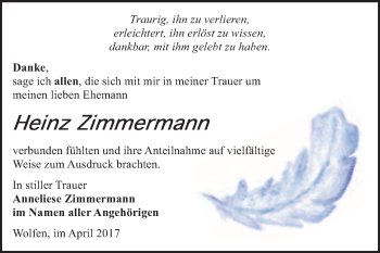 Traueranzeige von Heinz Zimmermann von WVG - Wochenspiegel Bitterfeld