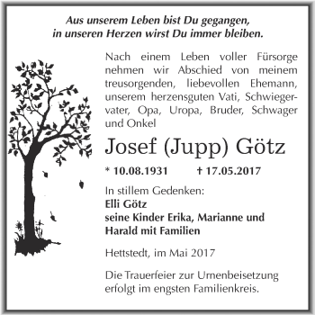 Traueranzeige von Josef Götz von Wochenspiegel Mansfelder Land
