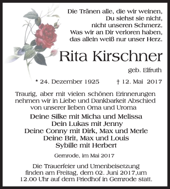 Traueranzeige von Rita Kirschner von WVG - Wochenspiegel Quedlinburg
