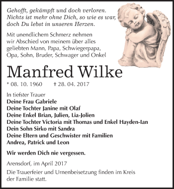 Traueranzeige von Manfred Wilke von Mitteldeutsche Zeitung Köthen
