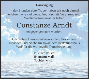 Traueranzeige von Constanze Arndt von WVG - Wochenspiegel NMB / WSF / ZTZ