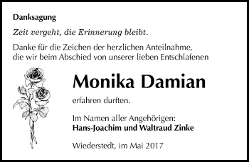 Traueranzeige von Monika Damian von Mitteldeutsche Zeitung Mansfelder Land
