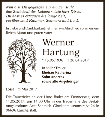 Traueranzeige von Werner Hartung von WVG - Wochenspiegel NMB / WSF / ZTZ