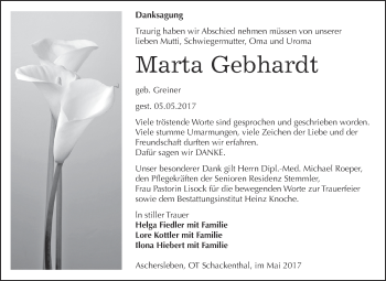 Traueranzeige von Marta Gebhardt von Super Sonntag Aschersleben