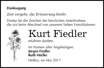 Traueranzeige von Kurt Fiedler von Mitteldeutsche Zeitung Mansfelder Land