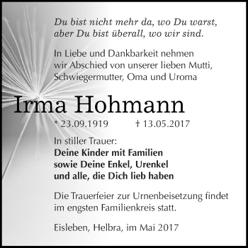 Traueranzeige von Irma Hohmann von Super Sonntag SGH Mansf. Land