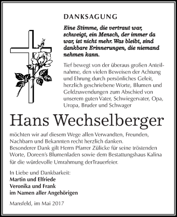 Traueranzeige von Hans Wechselberger von Wochenspiegel Mansfelder Land