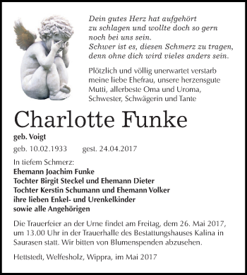 Traueranzeige von Charlotte Funke von Super Sonntag SGH Mansf. Land