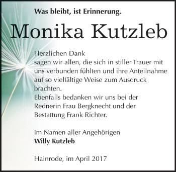 Traueranzeige von Monika Kutzleb von Mitteldeutsche Zeitung Sangerhausen