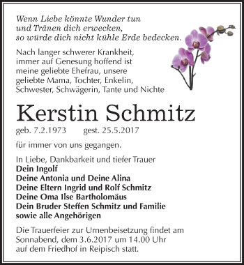 Traueranzeige von Kerstin Schmitz von Mitteldeutsche Zeitung Merseburg/Querfurt