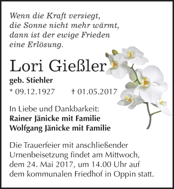 Traueranzeige von Lori Gießler von Mitteldeutsche Zeitung Halle/Saalkreis