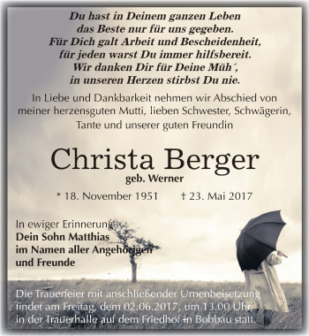 Traueranzeige von Christa Berger von Mitteldeutsche Zeitung Bitterfeld