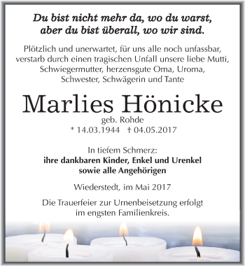 Traueranzeige von Marlies Hönicke von Mitteldeutsche Zeitung Mansfelder Land