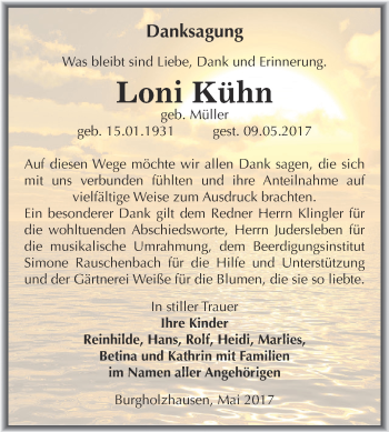 Traueranzeige von Loni Kühn von WVG - Wochenspiegel NMB / WSF / ZTZ