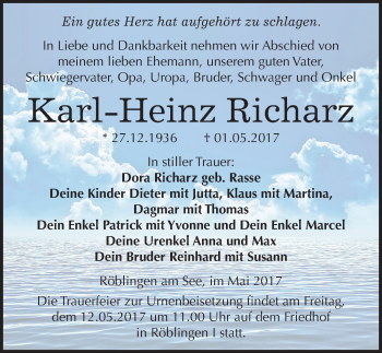 Traueranzeige von Karl-Heinz Richarz von Mitteldeutsche Zeitung Mansfelder Land