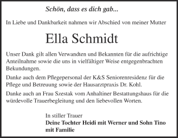 Traueranzeige von Ella Schmidt von WVG - Wochenspiegel Dessau / Köthen