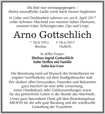 Traueranzeige von Arno Gottschlich von Mitteldeutsche Zeitung Halle/Saalkreis