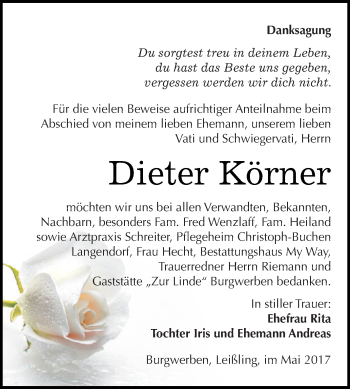 Traueranzeige von Dieter Körner von WVG - Wochenspiegel NMB / WSF / ZTZ