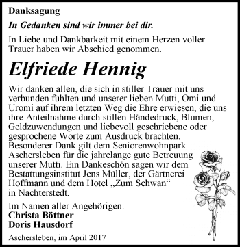 Traueranzeige von Elfriede Hennig von Mitteldeutsche Zeitung Aschersleben