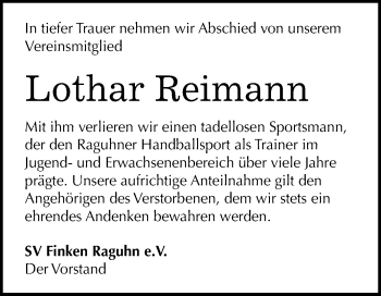 Traueranzeige von Lothar Reimann von WVG - Wochenspiegel Bitterfeld