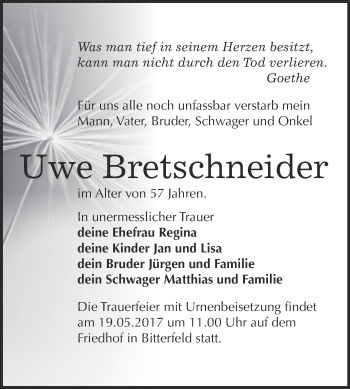 Traueranzeige von Uwe Bretschneider von WVG - Wochenspiegel Bitterfeld