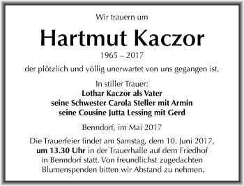 Traueranzeige von Hartmut Kaczor von Mitteldeutsche Zeitung Mansfelder Land