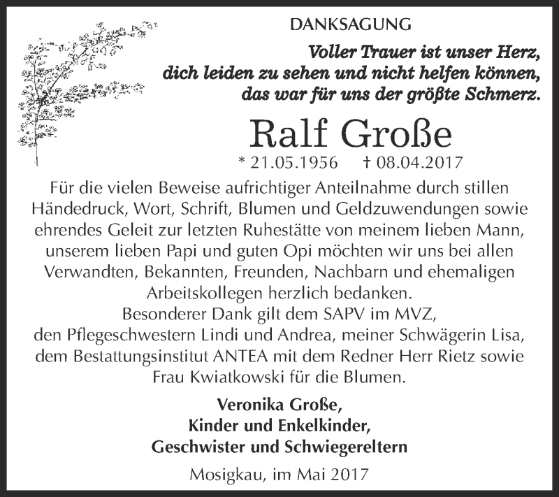  Traueranzeige für Ralf Große vom 06.05.2017 aus WVG - Wochenspiegel Dessau / Köthen