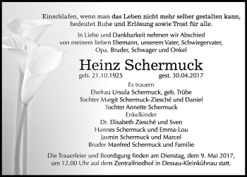 Traueranzeige von Heinz Schermuck von Mitteldeutsche Zeitung Dessau-Roßlau