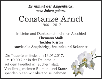 Traueranzeige von Constanze Arndt von WVG - Wochenspiegel NMB / WSF / ZTZ