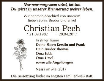 Traueranzeige von Christian Pech von WVG - Wochenspiegel NMB / WSF / ZTZ