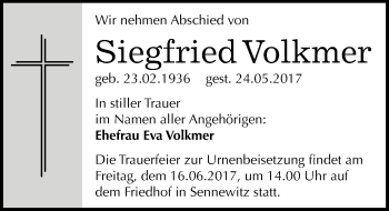 Traueranzeige von Siegfried Volkmer von Mitteldeutsche Zeitung Halle/Saalkreis