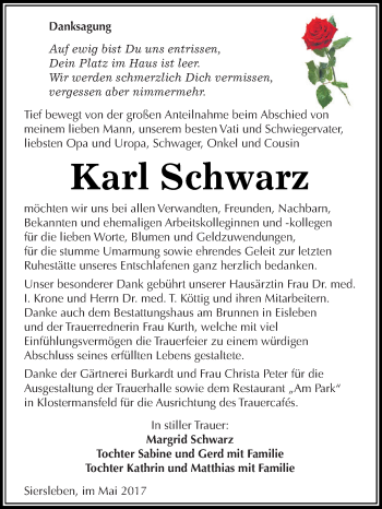 Traueranzeige von Karl Schwarz von Wochenspiegel Mansfelder Land