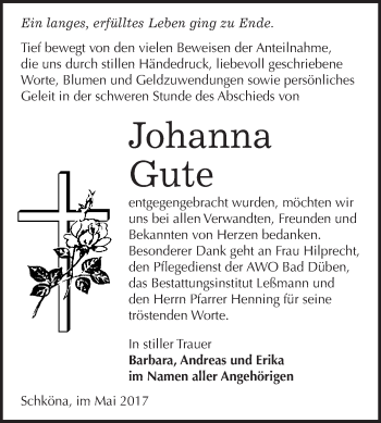 Traueranzeige von Johanna Gute von WVG - Wochenspiegel Wittenberg