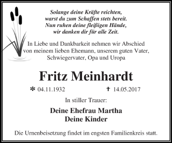 Traueranzeige von Fritz Meinhardt von WVG - Wochenspiegel Dessau / Köthen