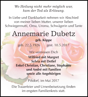 Traueranzeige von Annemarie Dubetz von WVG - Wochenspiegel Dessau / Köthen