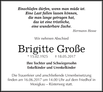 Traueranzeige von Brigitte Große von WVG - Wochenspiegel Dessau / Köthen