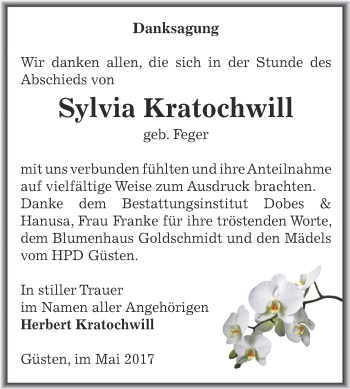 Traueranzeige von Sylvia Kratochwill von Super Sonntag Bernburg