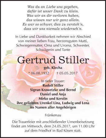 Traueranzeige von Gertrud Stiller von Mitteldeutsche Zeitung Naumburg/Nebra