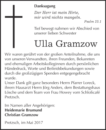 Traueranzeige von Ulla Gramzow von WVG - Wochenspiegel Wittenberg