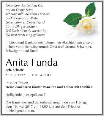 Traueranzeige von Anita Funda von Wochenspiegel Mansfelder Land