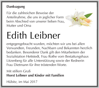 Traueranzeige von Edith Leibner von Wochenspiegel Mansfelder Land