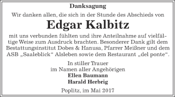 Traueranzeige von Edgar Kalbitz von Super Sonntag Bernburg