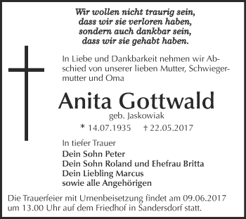 Traueranzeige von Anita Gottwald von WVG - Wochenspiegel Bitterfeld