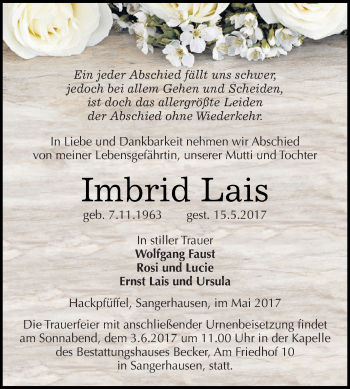 Traueranzeige von Imbrid Lais von Super Sonntag SGH Mansf. Land